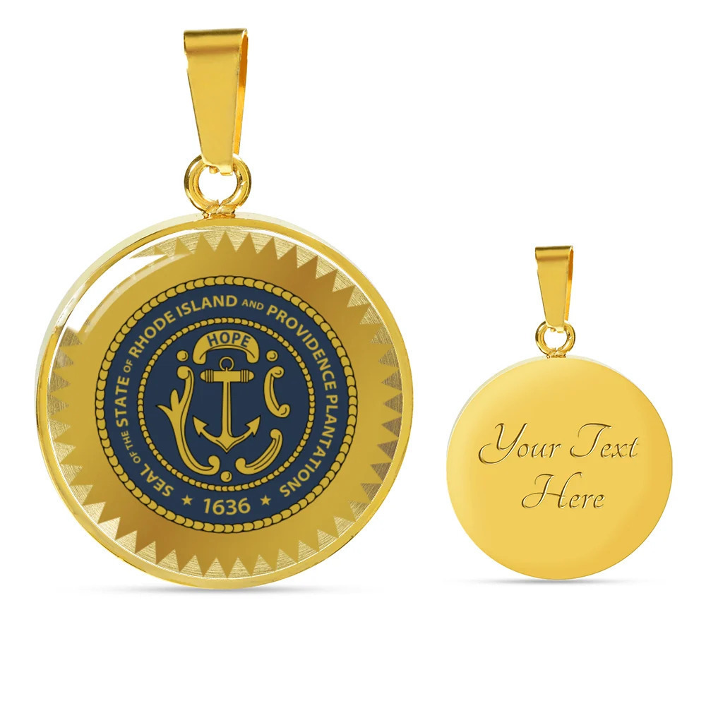 Rhode Island State Seal Personalized Engraved Gold Circle Necklace Custom Name